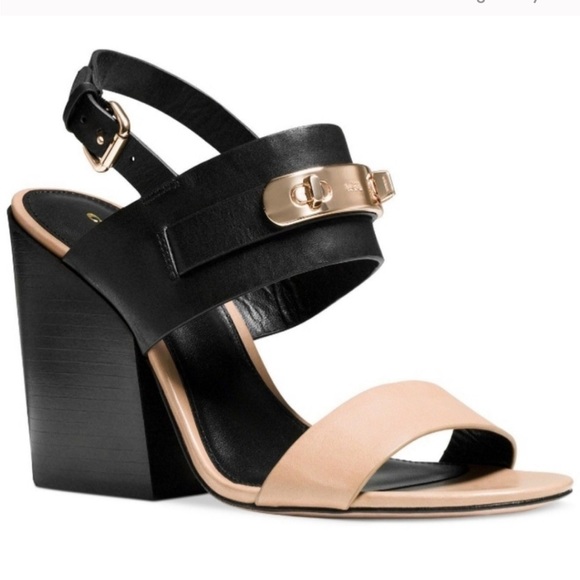 Coach Dennis Turnlock Open Toe Slingback Block Heels Sandals Tan Black Gold 8.5 - Picture 2 of 16